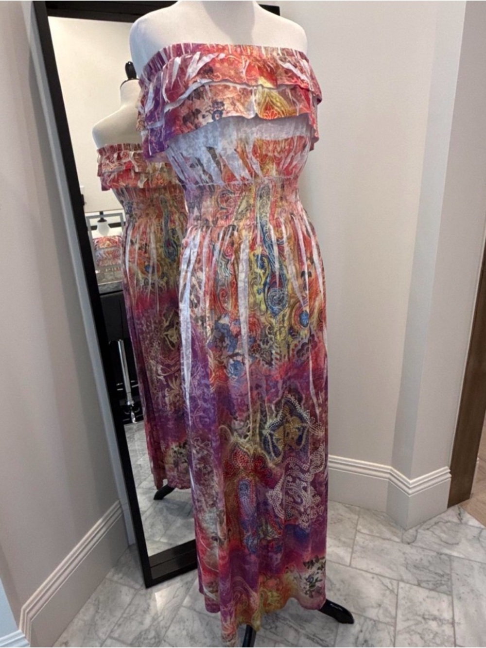 Strapless Multicolored Paisley Maxi Dress with crystal embellishment